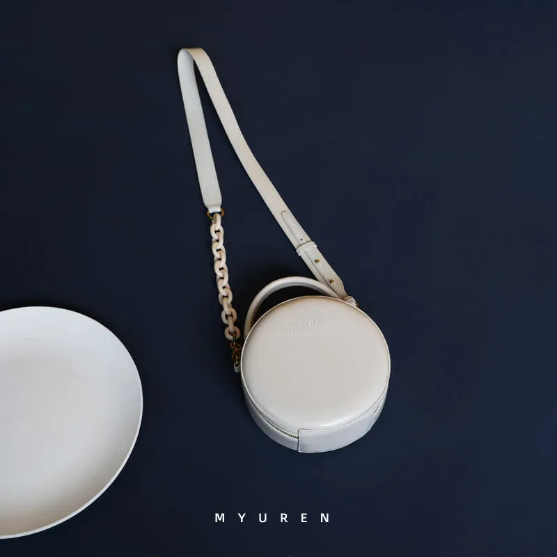 Womens White Leather Round Handbag Small Chain Crossbody Purse Round Shoulder Bag for Women
