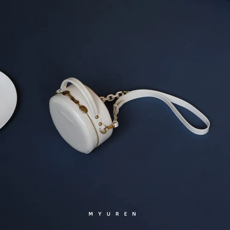 Womens White Leather Round Handbag Small Chain Crossbody Purse Round Shoulder Bag for Women