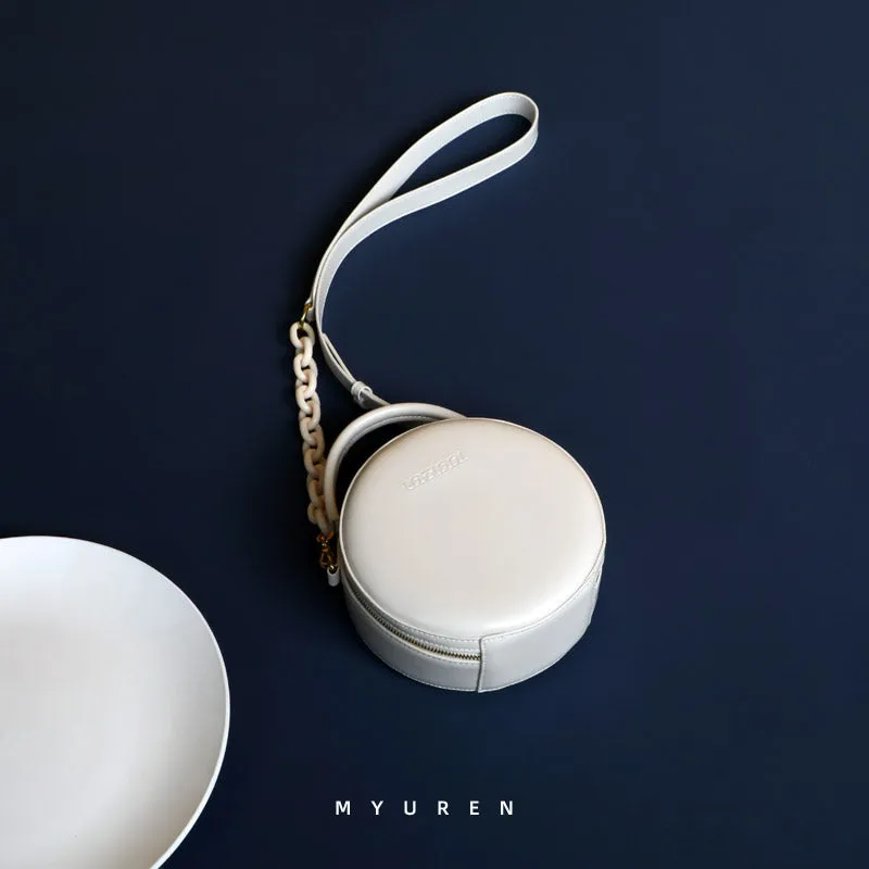 Womens White Leather Round Handbag Small Chain Crossbody Purse Round Shoulder Bag for Women
